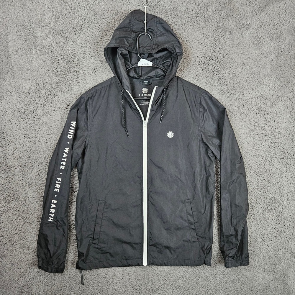 Element‎ Mens Medium Black Windbreaker Hooded Jacket Wind Water Fire Earth